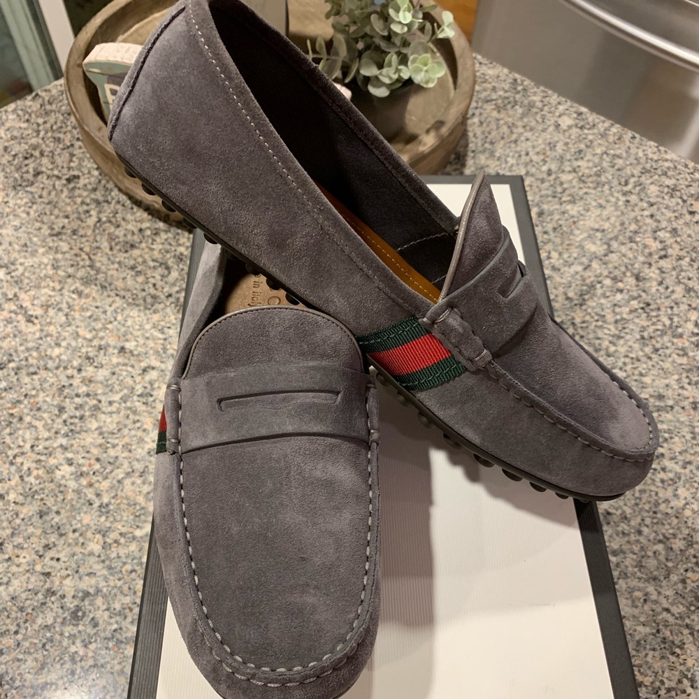 Mens Gucci grey suede loafers